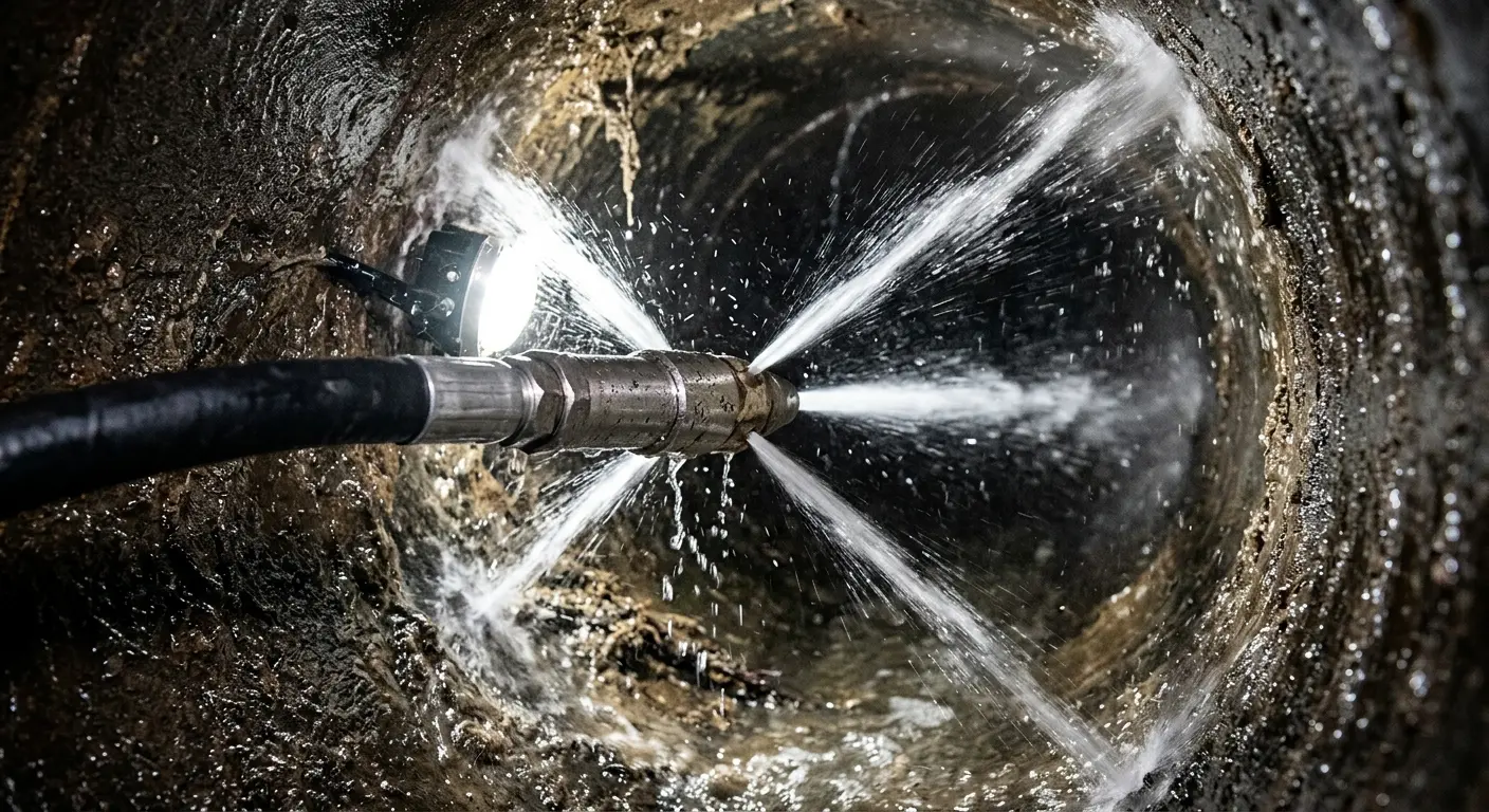 High-pressure hydro jetting nozzle cleaning sewer pipe for Sewer Cleanout in Crete