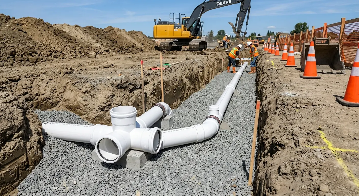 New PVC sewer pipe installation in open trench for Sewer Backup in Crete