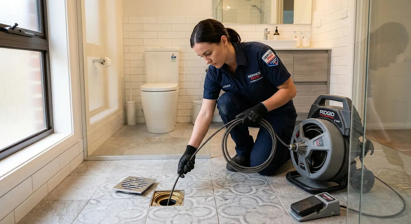 Technician clearing a bathroom floor drain for Drain Repair in Crete
